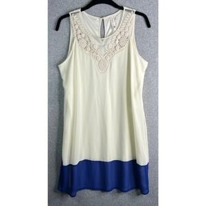 Pink Owl Lace Yoke Shift Dress Womens L Ivory Blue Colorblock Sleeveless